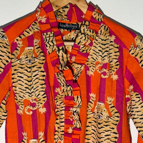 Liza Byrd Bessie Ruffle Blouse in Tangerine and Pink StripTiger Print Size S - Picture 4 of 12